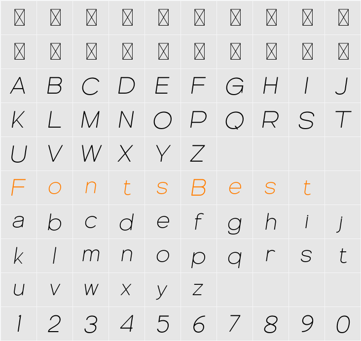 Genova Thin Italic Character Map