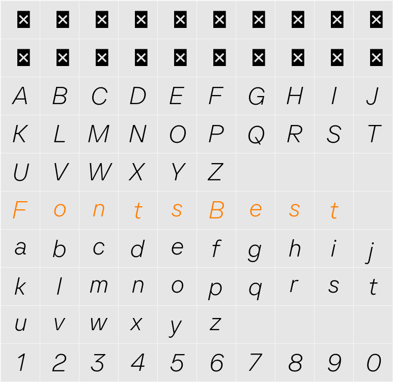 SFT Ritam Sans TRIAL ExLight Oblique Character Map
