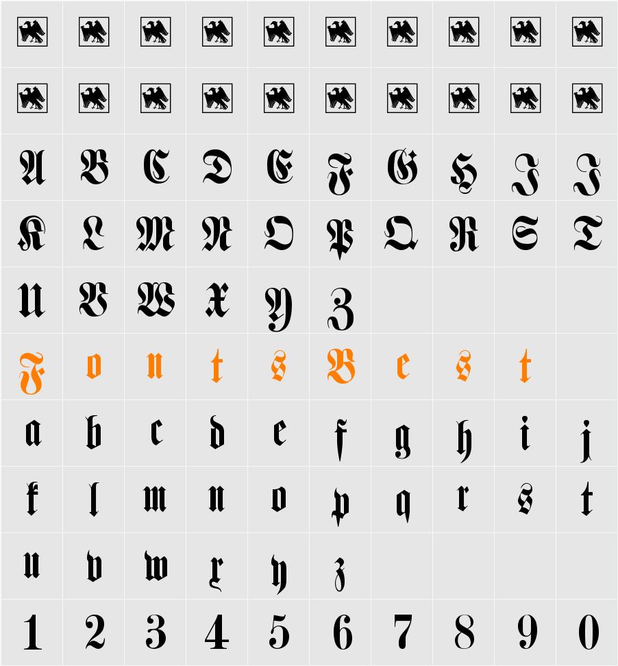 Schmale Halbfette Fraktur Character Map