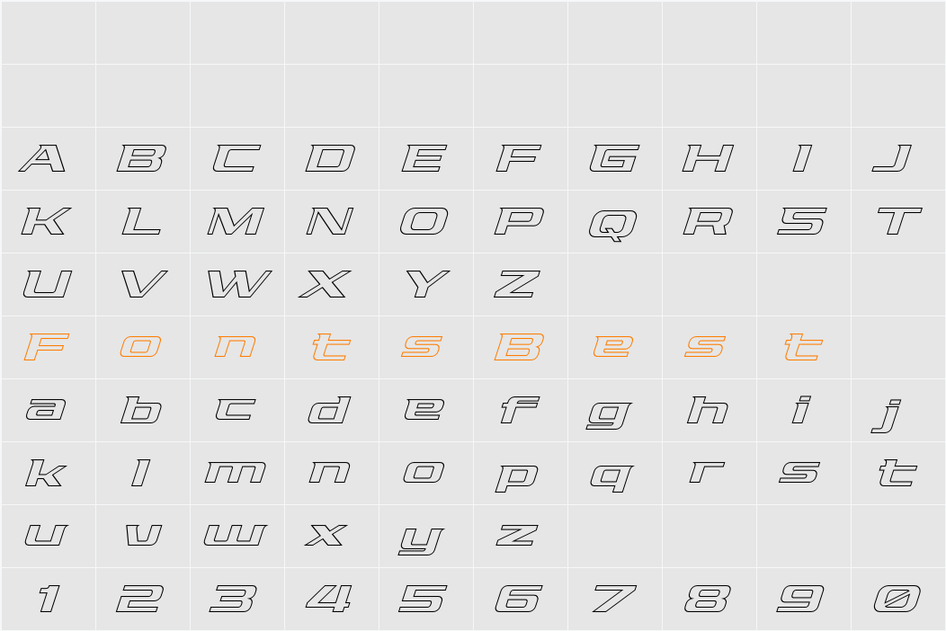 Pro Racing Slant Outline Character Map