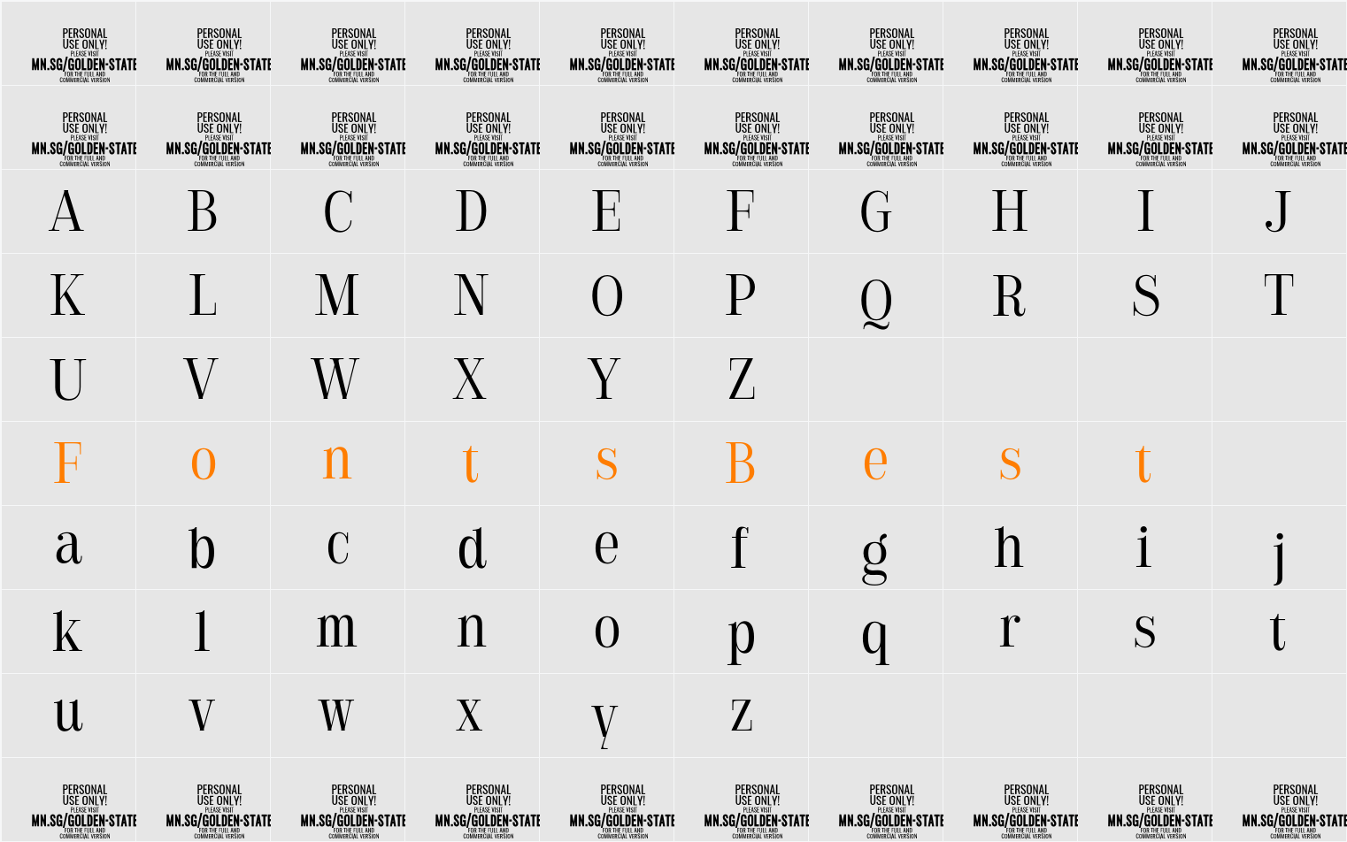 Golden State Serif PERSONAL Light Character Map