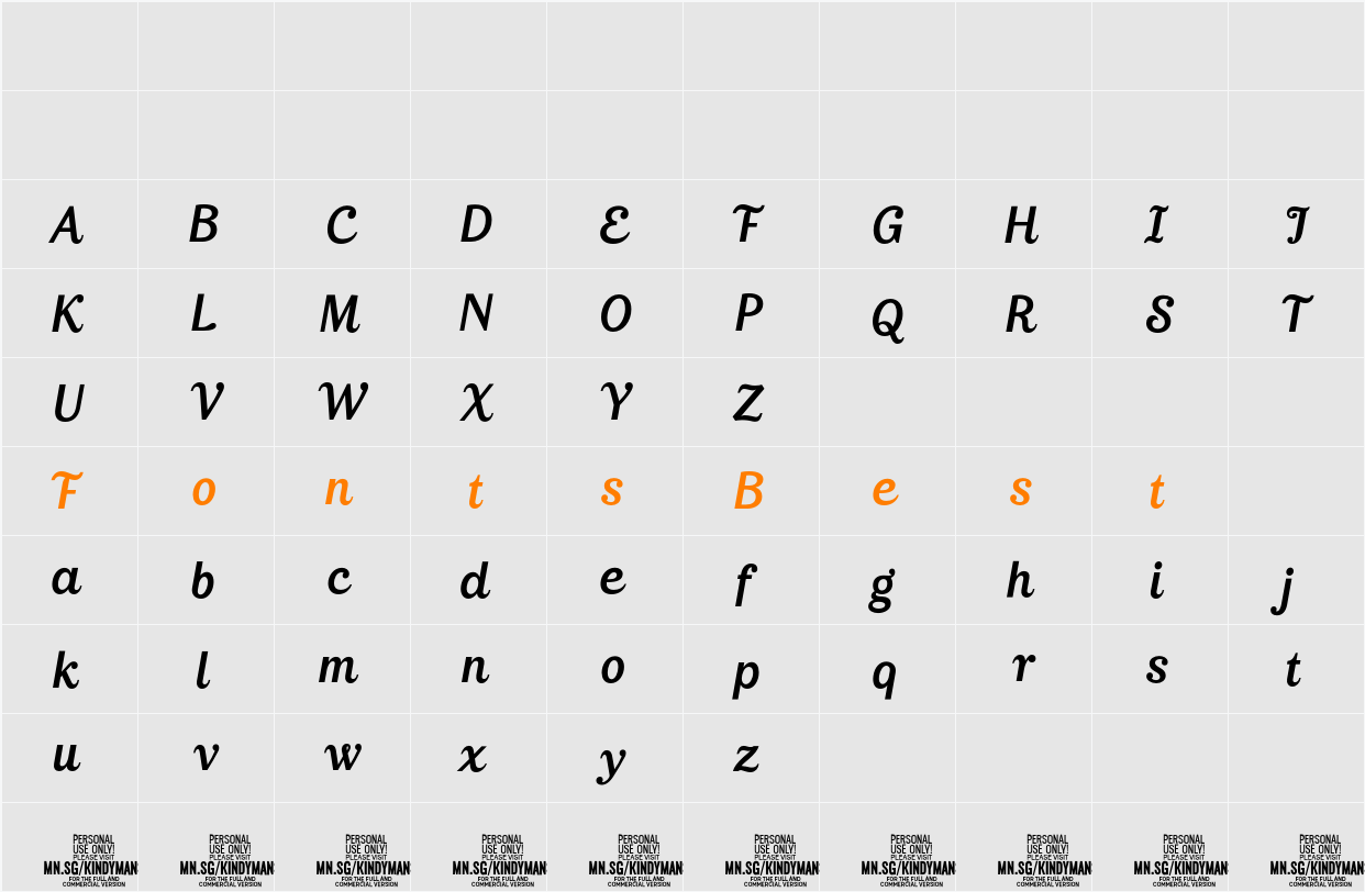 Kindymans Script PERSONAL USE Character Map