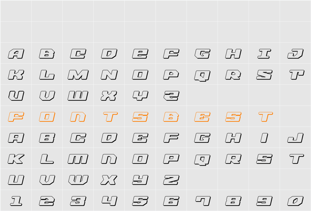 Fawkes 3D Italic Character Map