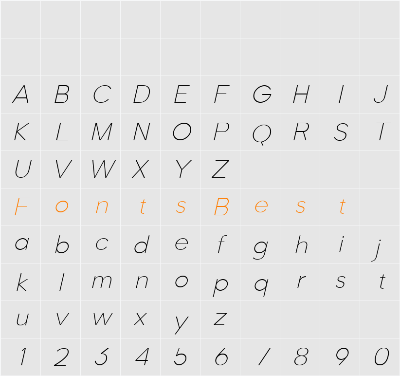 Romela Italic Thin Character Map
