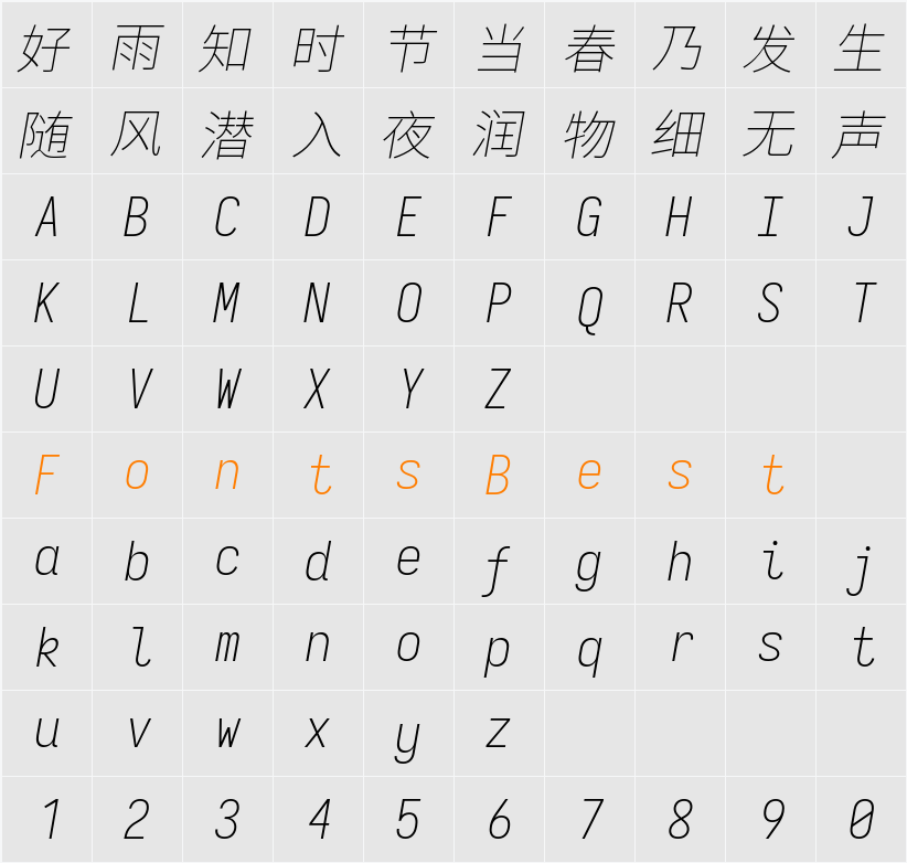 等距更纱黑体 SC Xlight Character Map