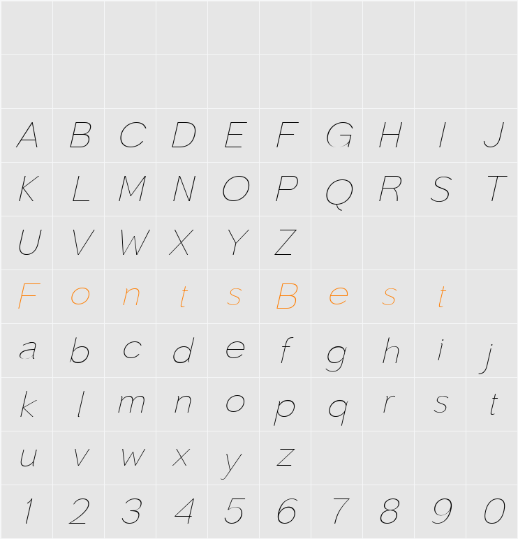 Toiban Italic Thin Character Map