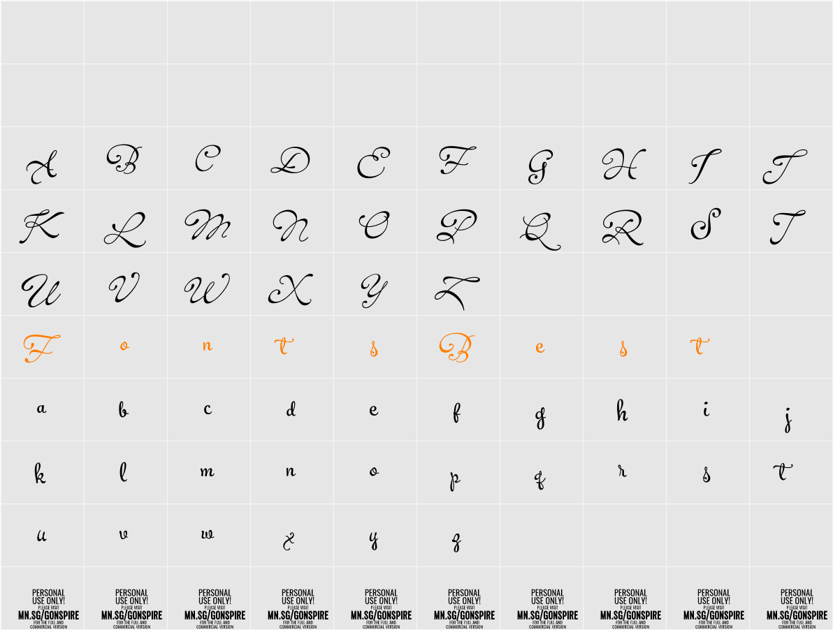 Gonspire Script PERSONAL USE Character Map
