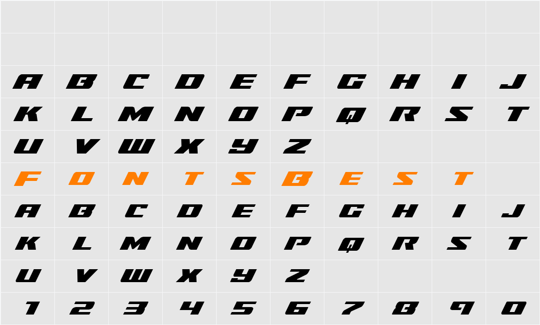 Super Brigade Italic Character Map