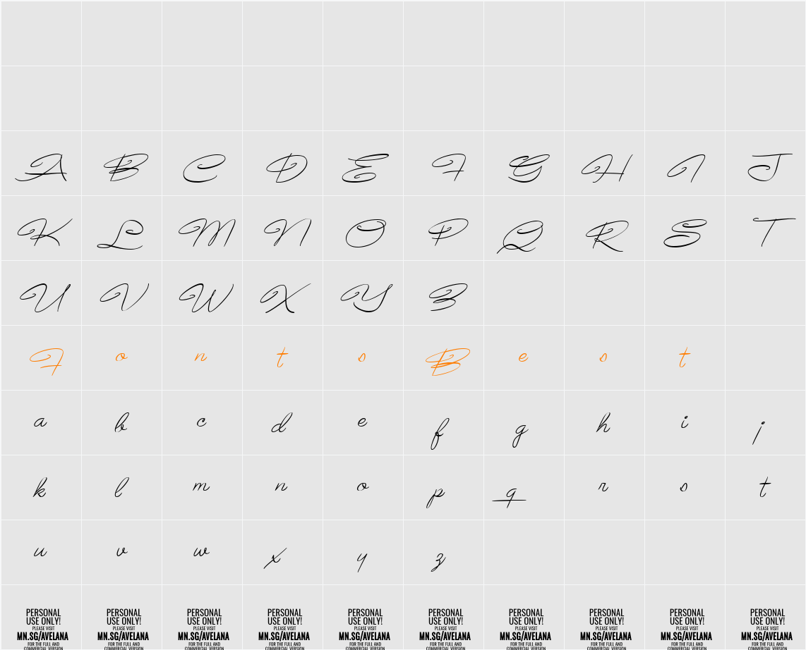 Avelana Thin Ital PERSONAL USE Character Map