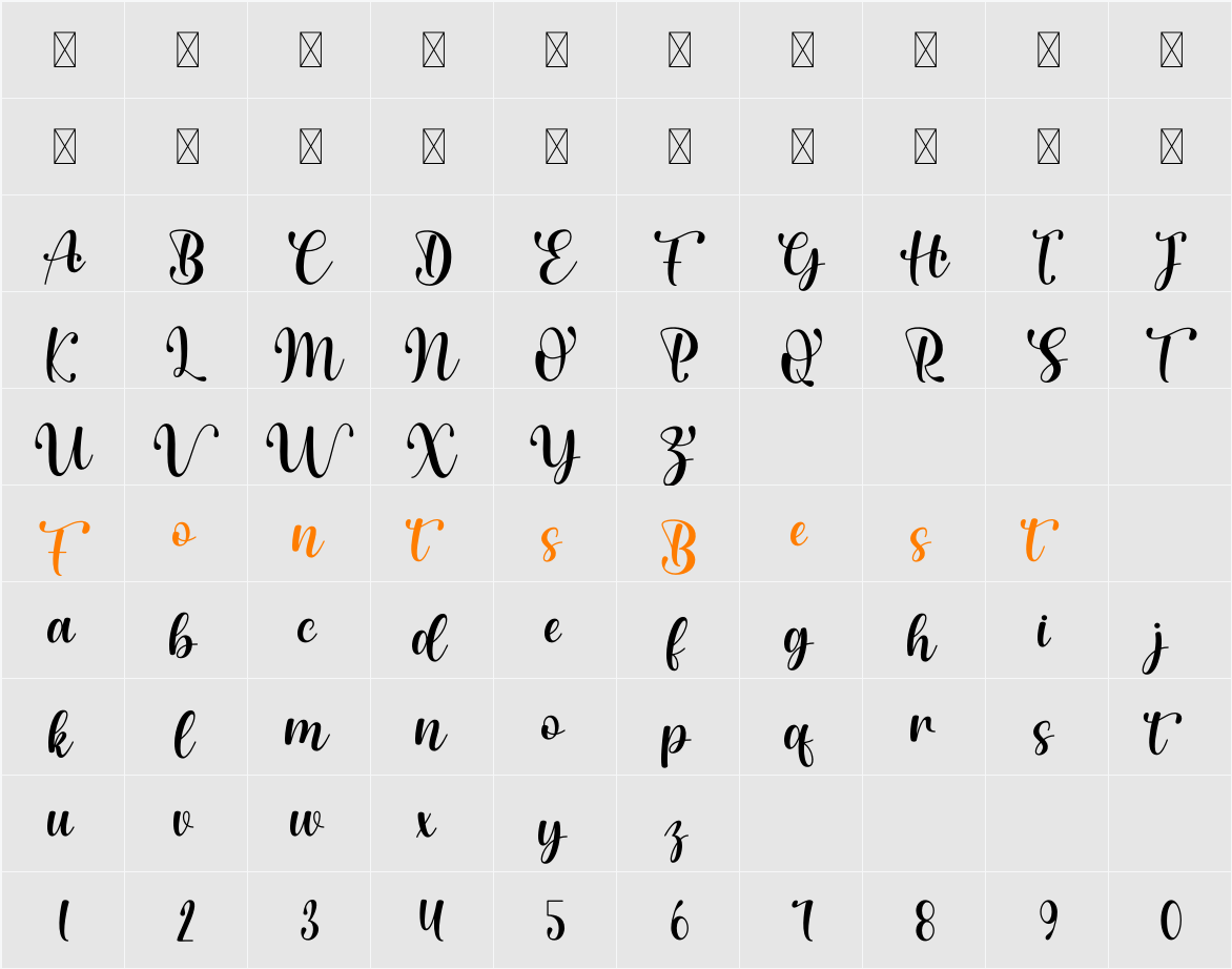 Celebrate Script Character Map