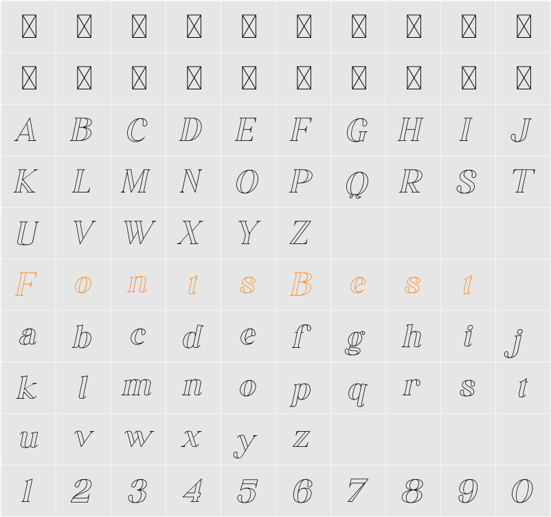 Jackal Holiday Italic Outline Character Map