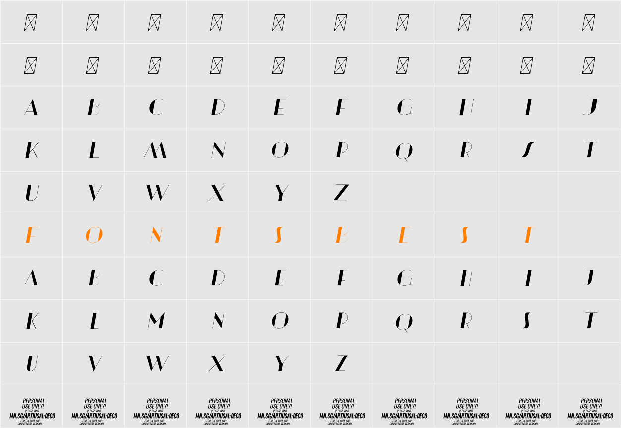 Artisual Deco Thin Italic PERSONAL USE ONLY PERSONAL USE ONLY Character Map