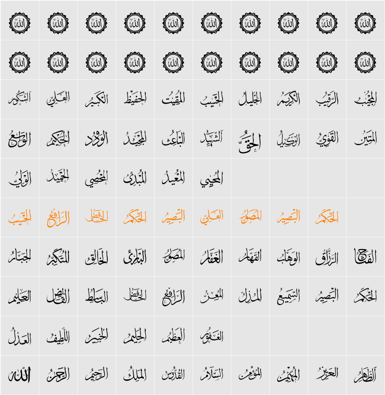 allah names 99 Character Map