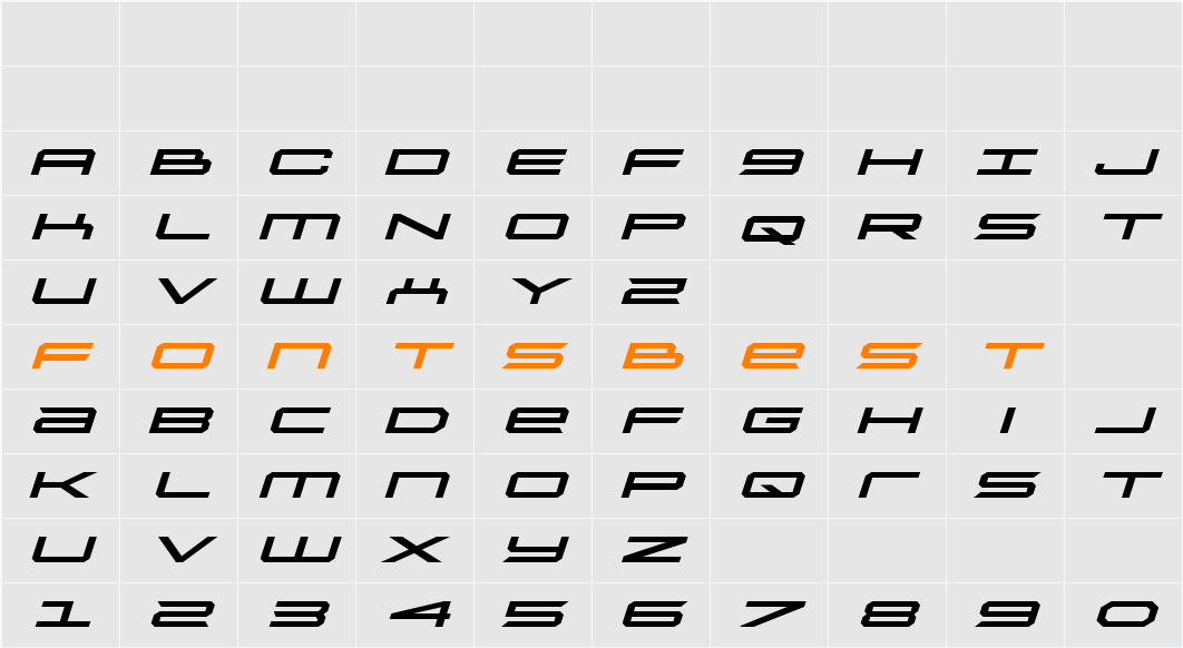 Rycon Bold Expanded Italic Character Map