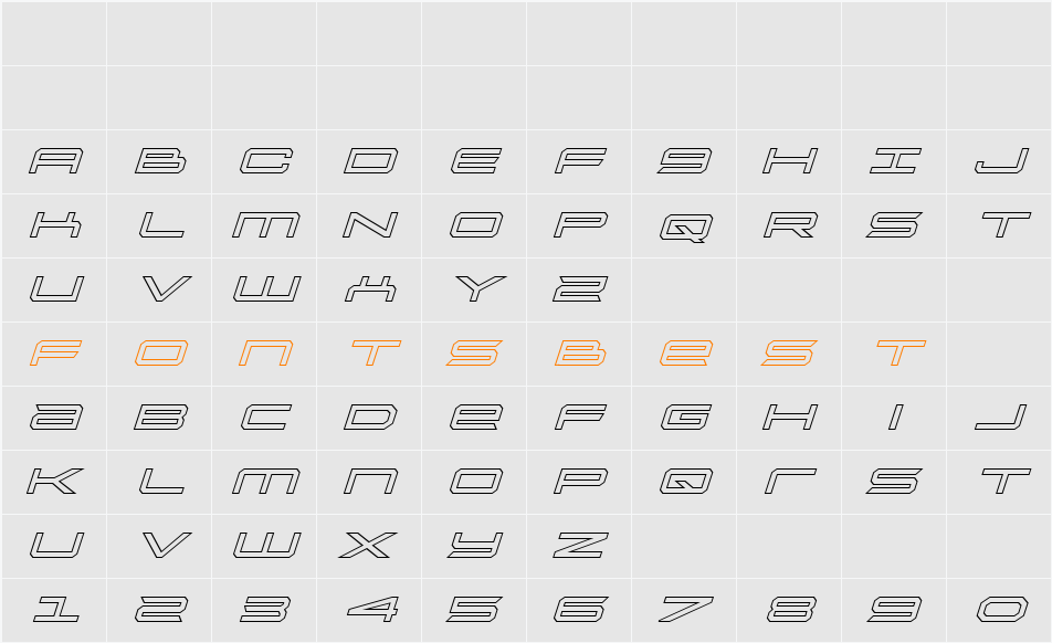 Rycon Outline Italic Character Map